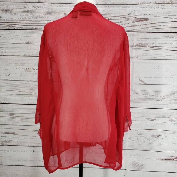 Maggie Barnes Red Sheer Ruffle Sleeve Pleated Light Textured Top Size 2X - Picture 12 of 13